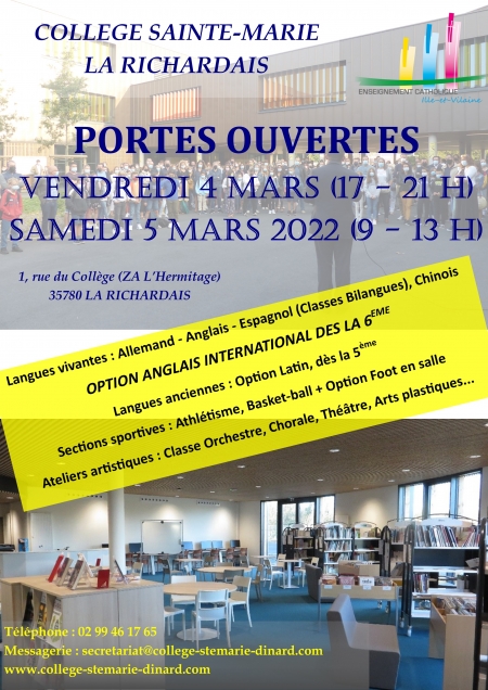 PORTES OUVERTES AU COLLEGE SAINTE-MARIE : VENDREDI 4 & SAMEDI 5 MARS 2022