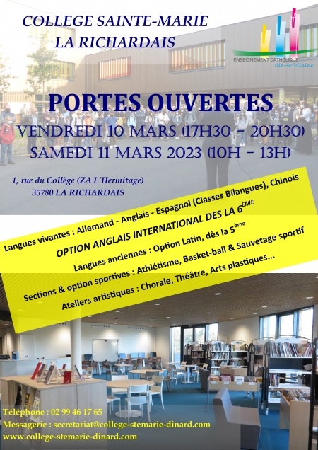 PORTES OUVERTES AU COLLEGE SAINTE-MARIE : VENDREDI 10 & SAMEDI 11 MARS 2023